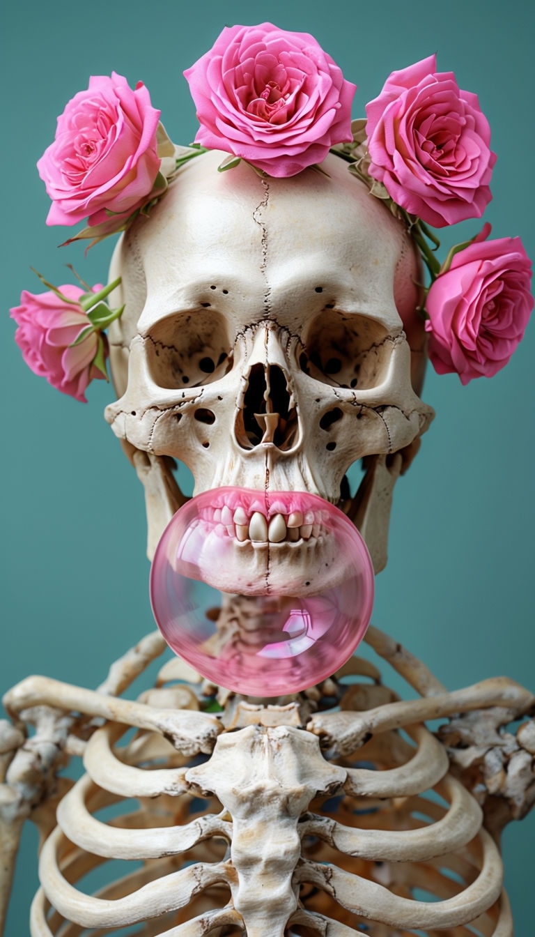 Realistic Skull with Pink Roses and Bubblegum Art