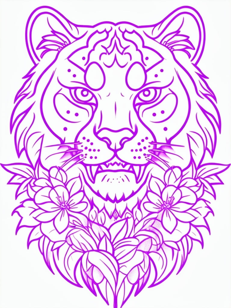 Stylized Neon Purple Cougar Face with Floral Designs T-Shirt