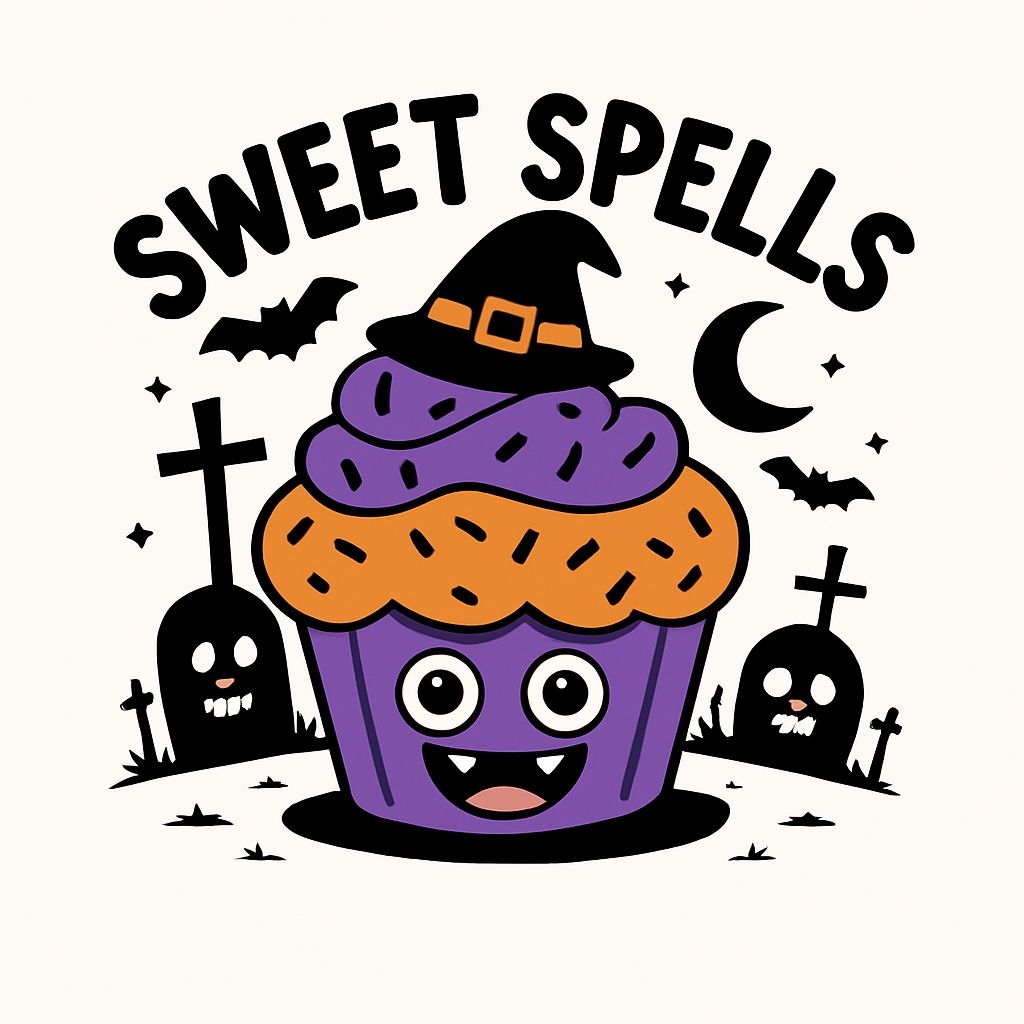 Whimsical Halloween Cupcake with Sweet Spells Illustration Sticker