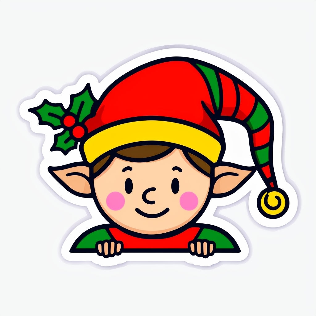 Cheerful Cartoon Elf Face Illustration with Festive Hat Sticker