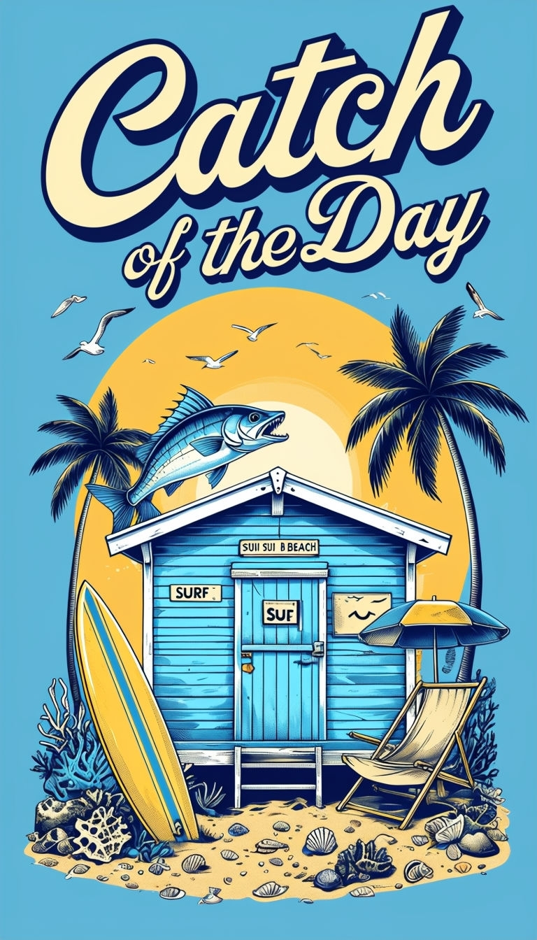 Vibrant Retro Beach Hut Illustration with Sunshine Art