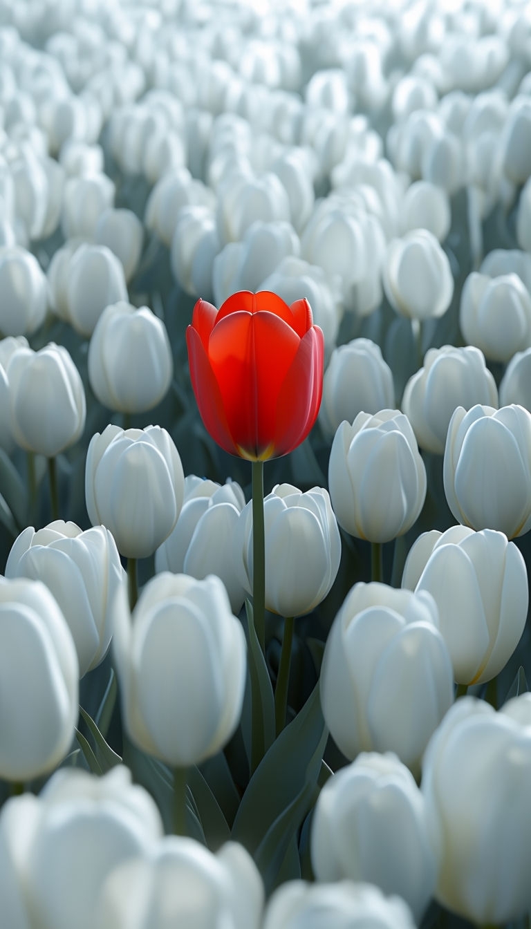 Vibrant Red Tulip Among White Tulips in Serene Abstract Scene Mobile Wallpaper