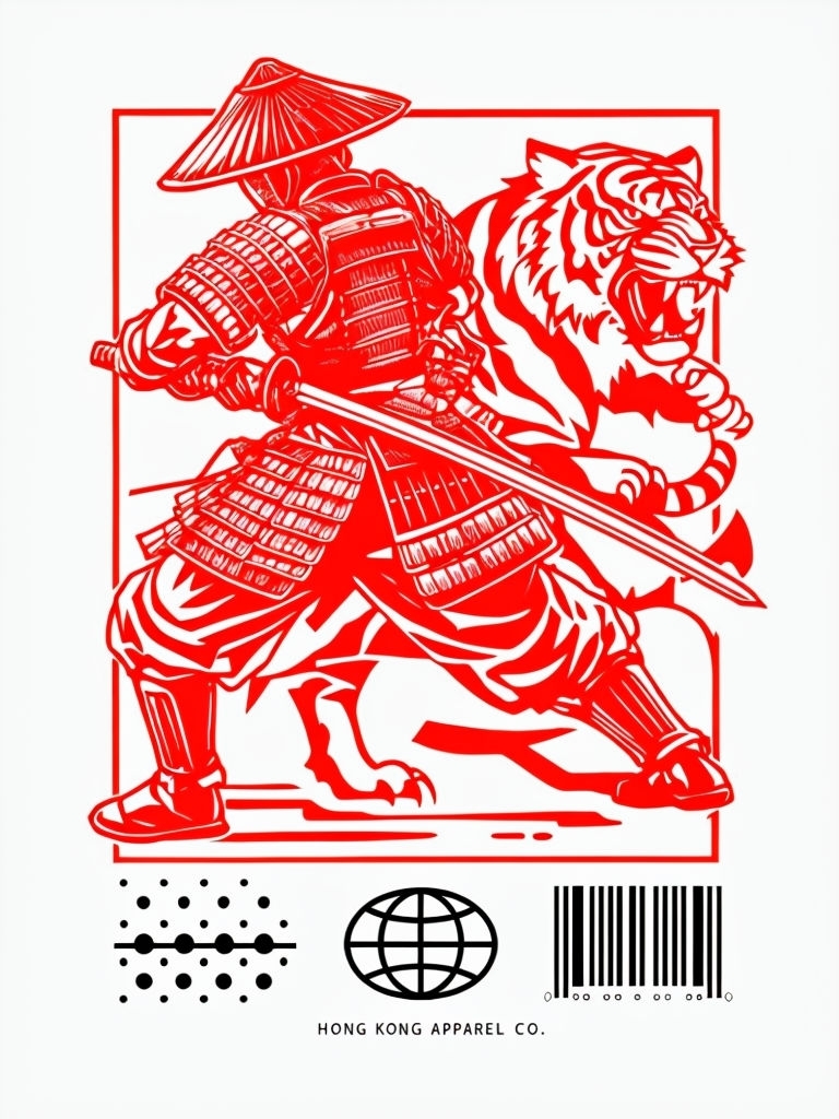 Dynamic Samurai and Tiger Graphic T-Shirt