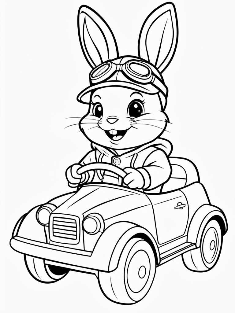 Joyful Bunny Driving Toy Car Black and White Outline Sticker