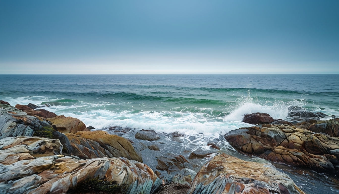 Serene Coastal Landscape with Rugged Rocks and Gentle Waves Virtual Backgrounds