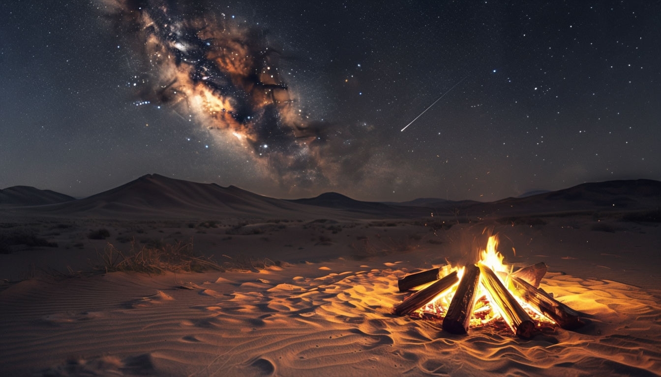 Stunning Desert Night Landscape with Campfire and Stars Virtual Backgrounds