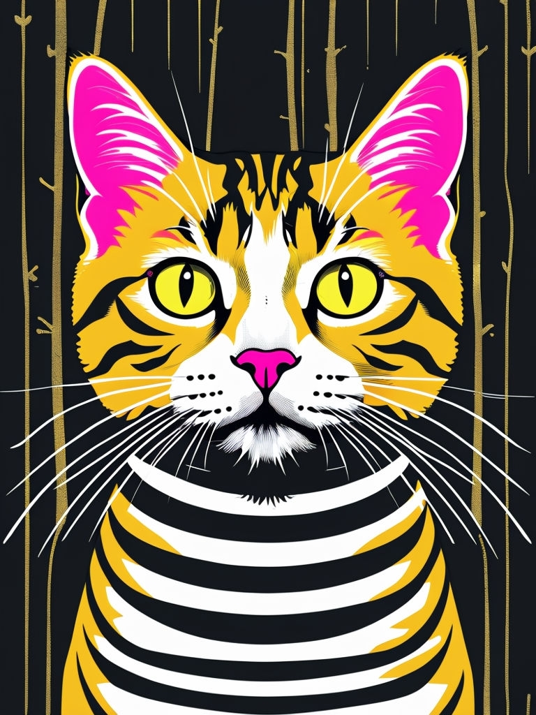 Vibrant Pop Art Cat Face Illustration on Black Background Poster