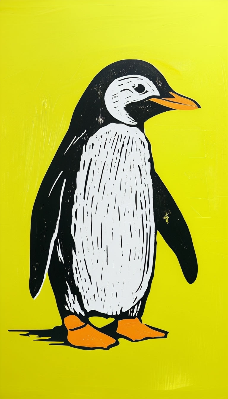 Cheerful Cartoon Penguin Design on Bright Yellow Background Mobile Wallpaper