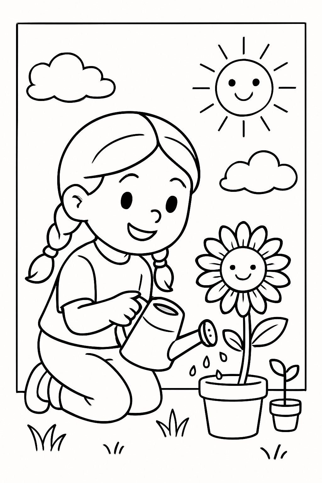Cheerful Girl Watering Flower Cartoon Illustration Coloring Book Pages