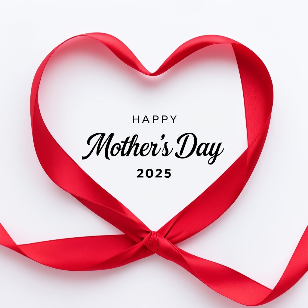 Vibrant Scarlet Red Ribbon Heart Shape Minimalist Mother's Day 2025 Social Media Post