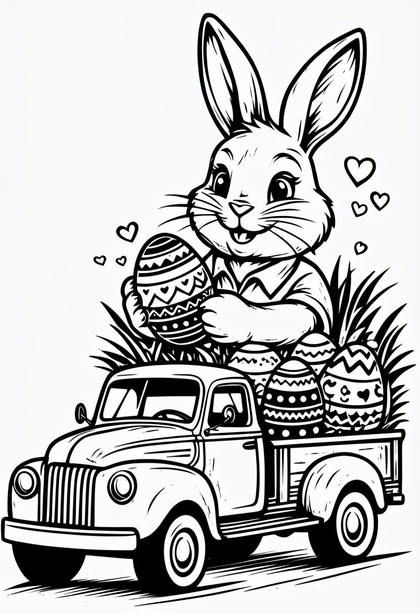 Cheerful Bunny Driving Vintage Truck with Easter Eggs Coloring Page