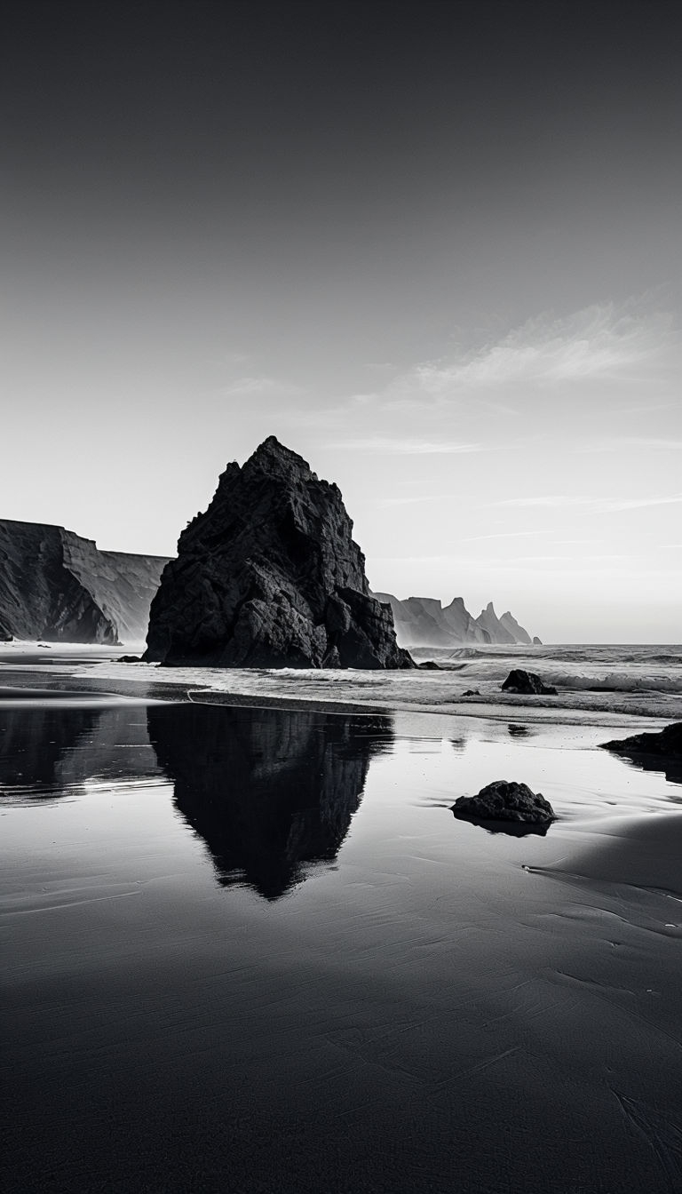 Monochromatic Serene Beach Landscape with Reflections Mobile Wallpaper