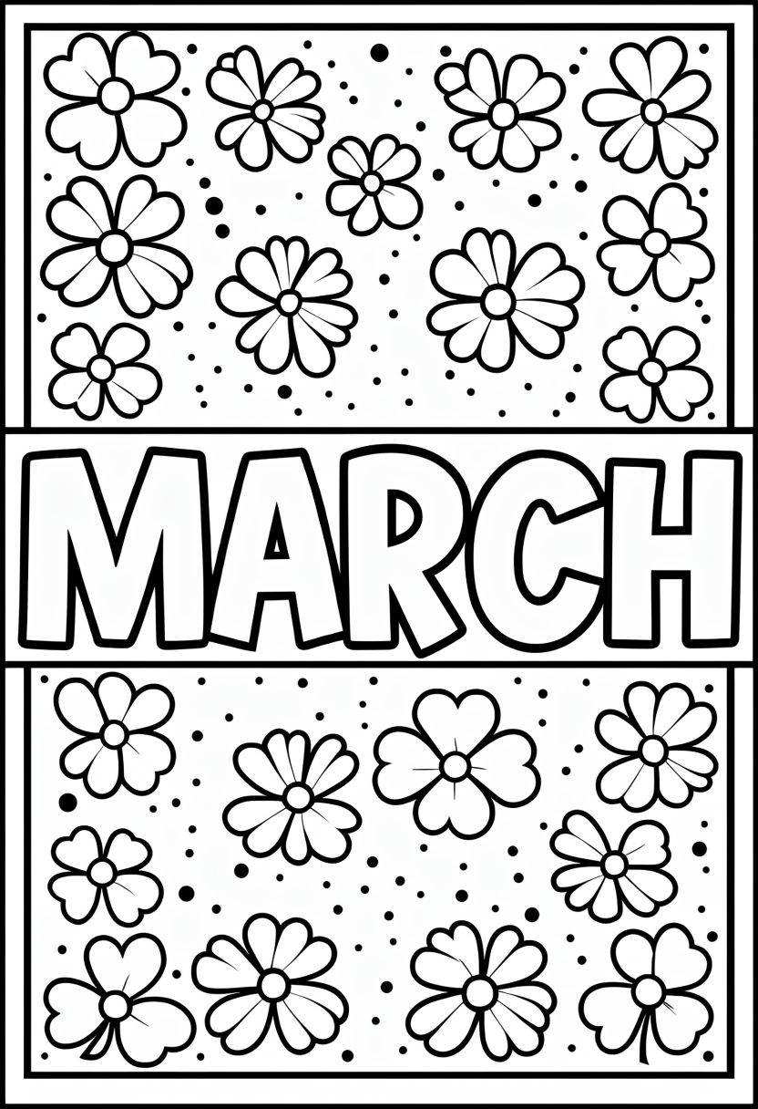 Playful Black-and-White March Coloring Page with Shamrocks and Flowers Coloring Book Page