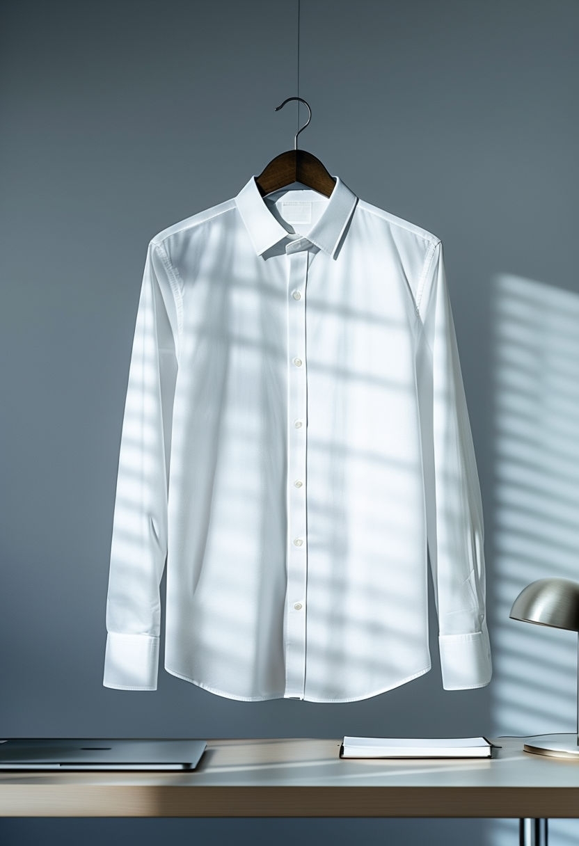 Photorealistic White Cotton Oxford Shirt in Minimalist Office Mockup