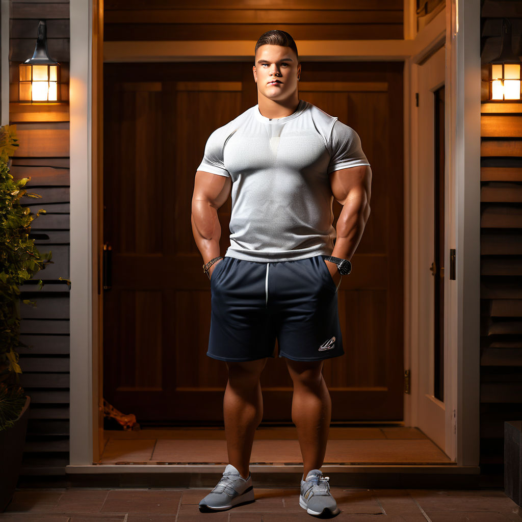 photo of an enormous beefcake 19-year-old well-hung muscle giant