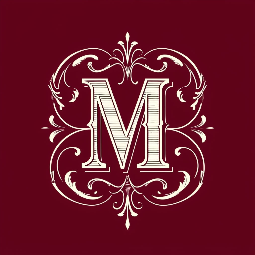 Elegant Vintage Monogram Design of Letter M on Burgundy Background Monogram