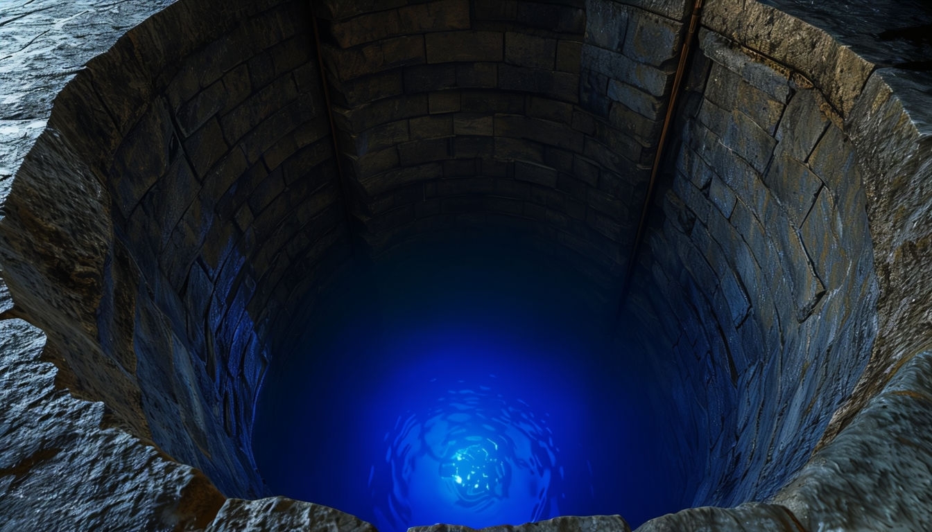 Mysterious Deep Stone Well with Vibrant Blue Glow Virtual Background