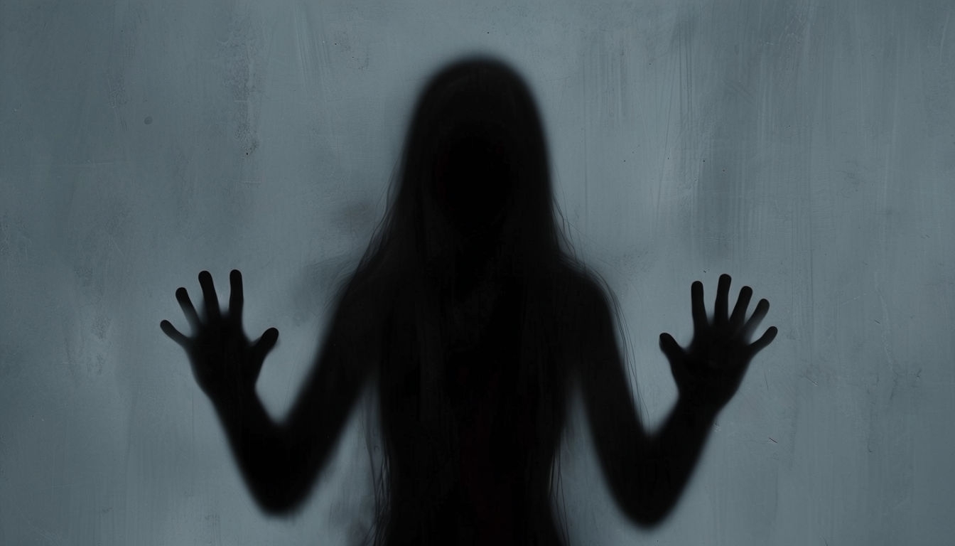 Eerie Shadowy Figure Against Slate-Gray Background Artistry Virtual Backgrounds
