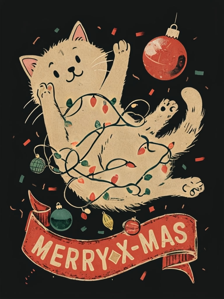 Playful Beige Cat with Christmas Lights Vintage Illustration Poster