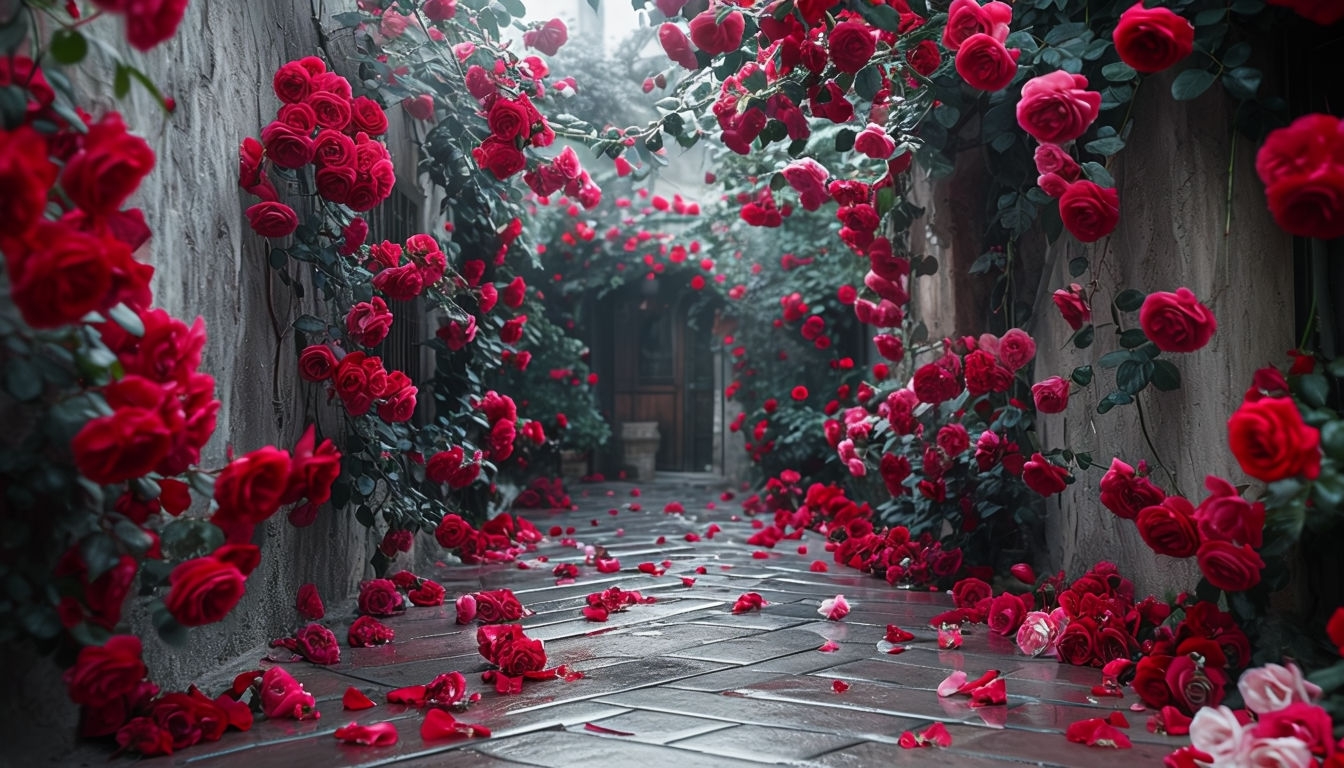 Romantic Alleyway with Crimson Roses Virtual Background