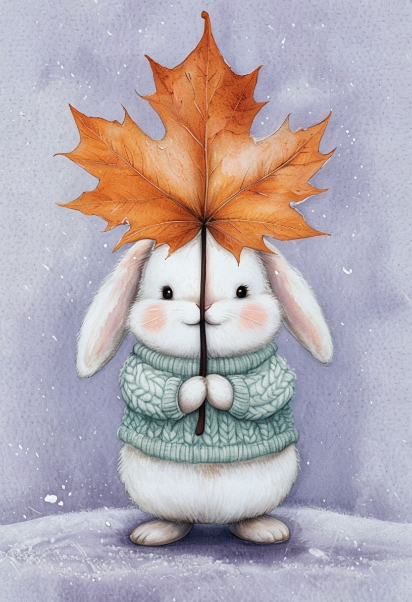 Whimsical Bunny with Maple Leaf Parasol Illustration Art