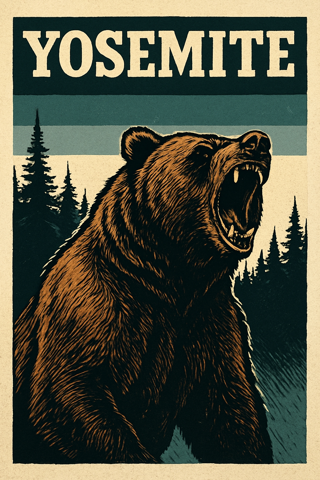 Vintage Yosemite Grizzly Bear Adventure Poster