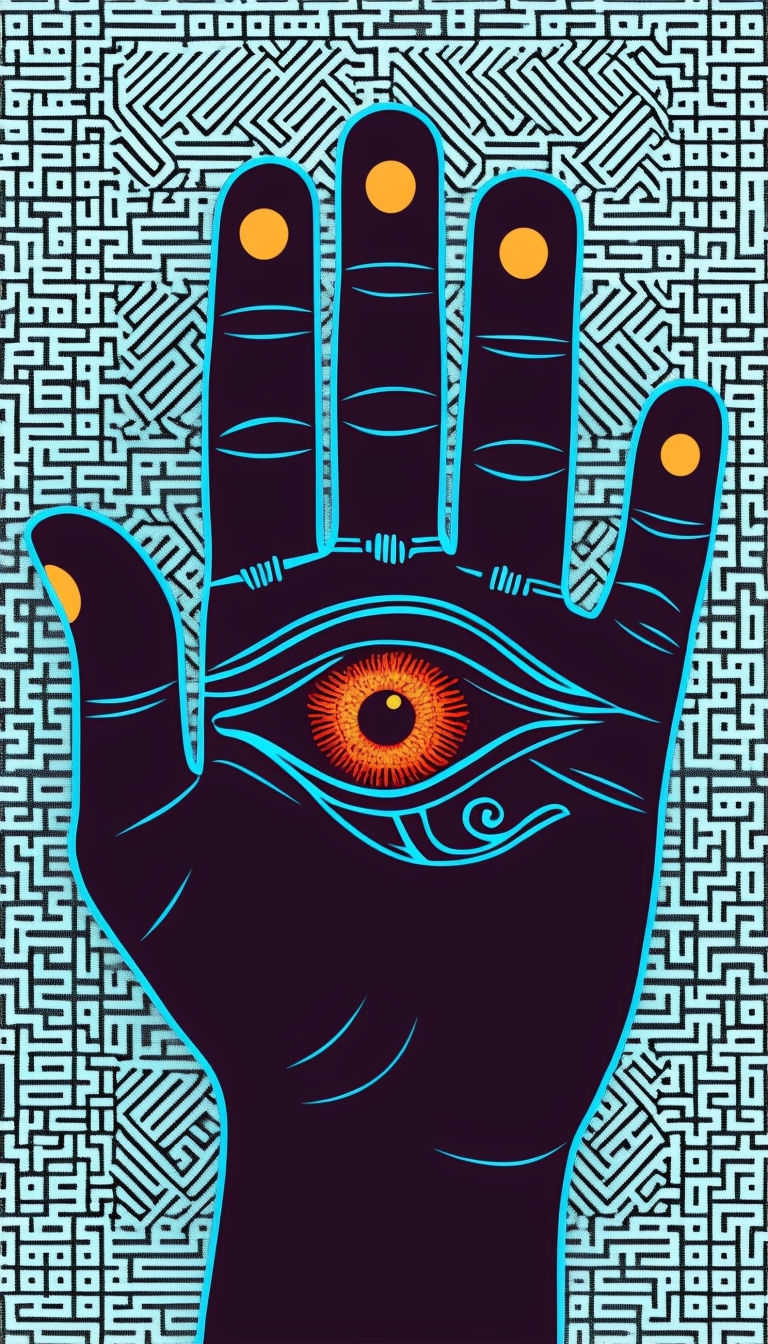 Stylized Human Hand Silhouette with Eye and Optical Pattern Mobile Wallpaper