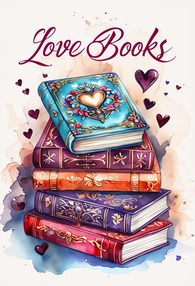 Whimsical Watercolor Love Books Illustration Art