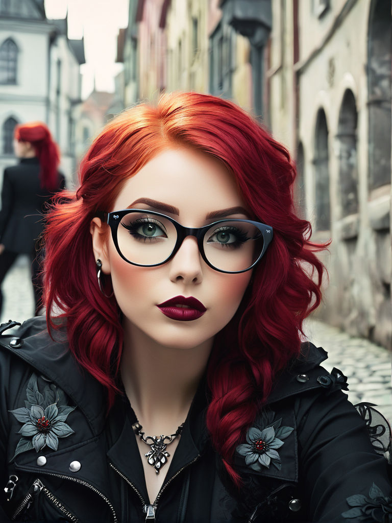 goth woman with red hair and glasses anime style