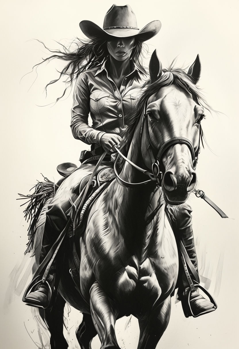 Black and White Cowboy on Horse Dynamic Illustration Art