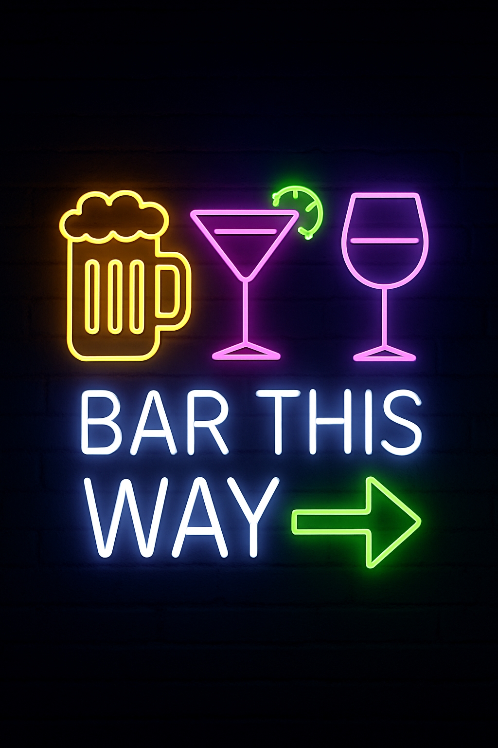 Vibrant Neon Bar Sign with Drink Icons and Directional Arrow Event Sign