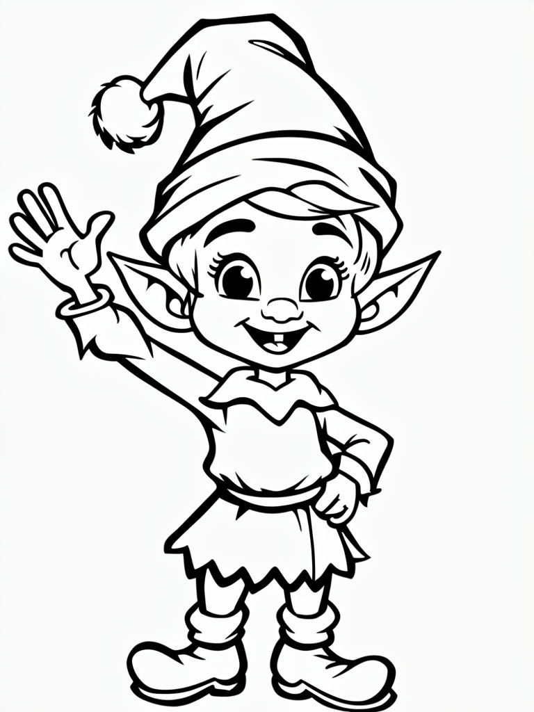 Cheerful Cartoon Elf Line Drawing for Coloring Book Pages