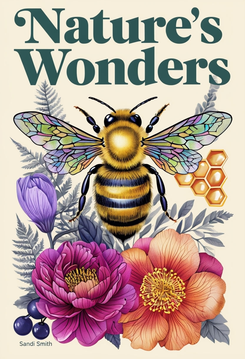 Vibrant Bee and Botanical Elements Book Cover Design for Nature's Wonders EBook Cover