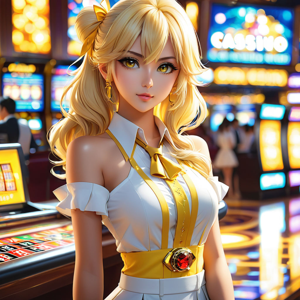 Perfect anime girl, cute anime character,
She has captivating eyes,
I have a full body shot,
Beautiful appearance, perfect body,
casino girl, ultra hd, fashion model, ultra hyper detailed, amazing model, beautiful sexy model, yellow color, focus and bokeh, sparkle, professional camera, full body, front left view,Bright blonde hair,
Casino