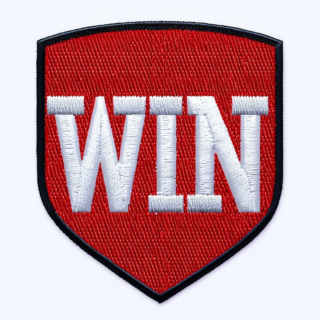 Bold Red Shield Embroidered Win Patch Design for Hat