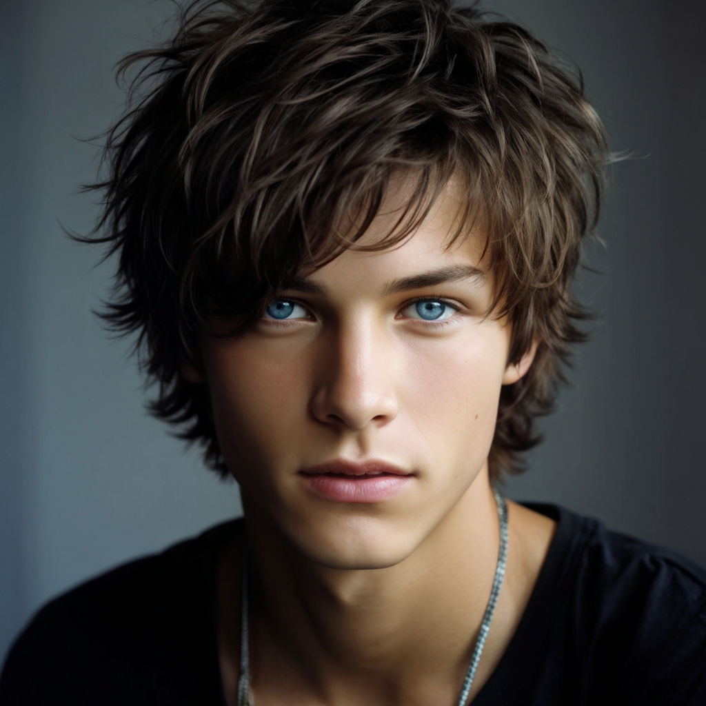 blue eyes and straight black hair and a seventeen-year-old French boy with  curly hair and green eyes