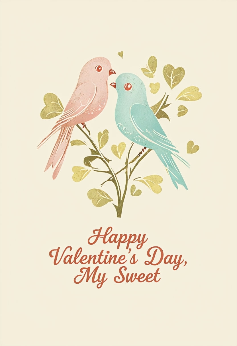 Vintage Lovebirds Valentine's Day Card Design with Script Text