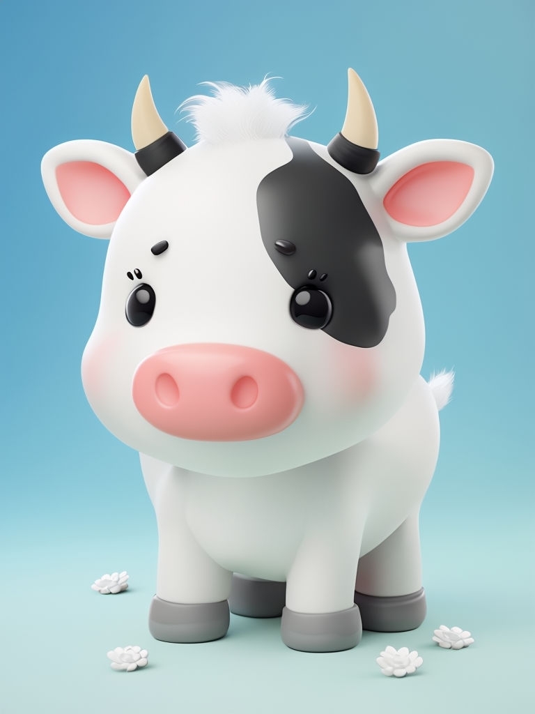 Cute Cartoon Cow Character 3D Rendering with Floral Accents Art