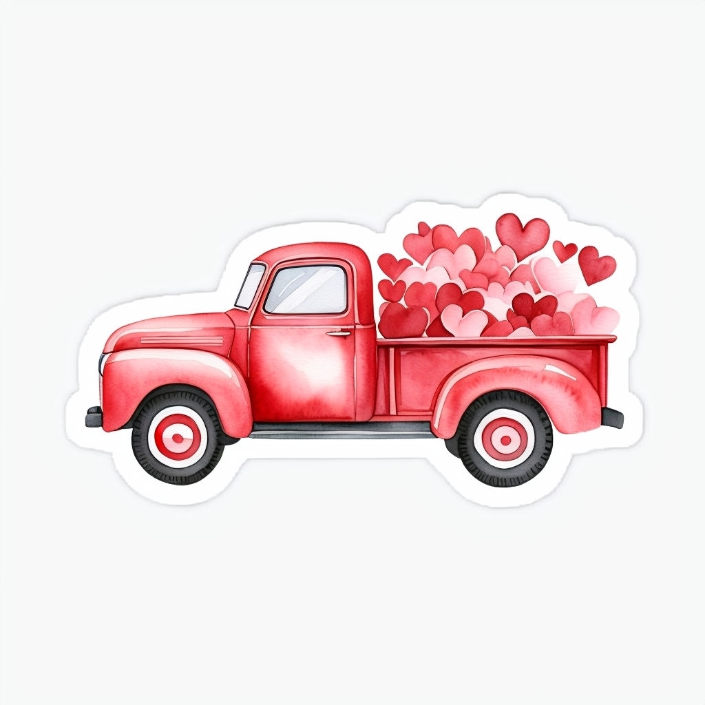 Vintage Red Pickup Truck with Heart-Shaped Objects Sticker