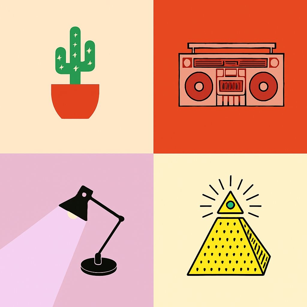 Minimalist 2x2 Grid Illustration of Cactus Boombox Lamp Pyramid Seamless Pattern
