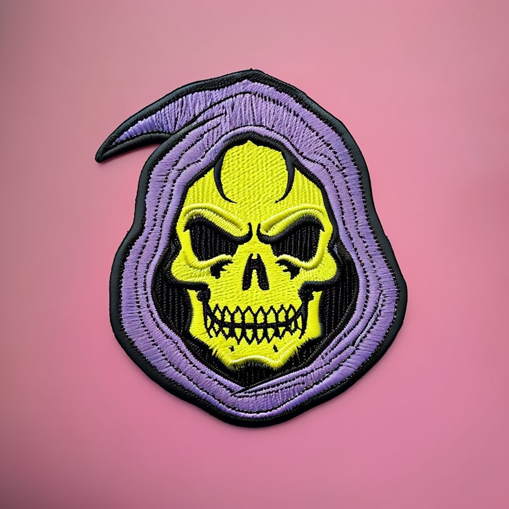 Vibrant Embroidered Patch of a Colorful Skull on Dark Background Hat