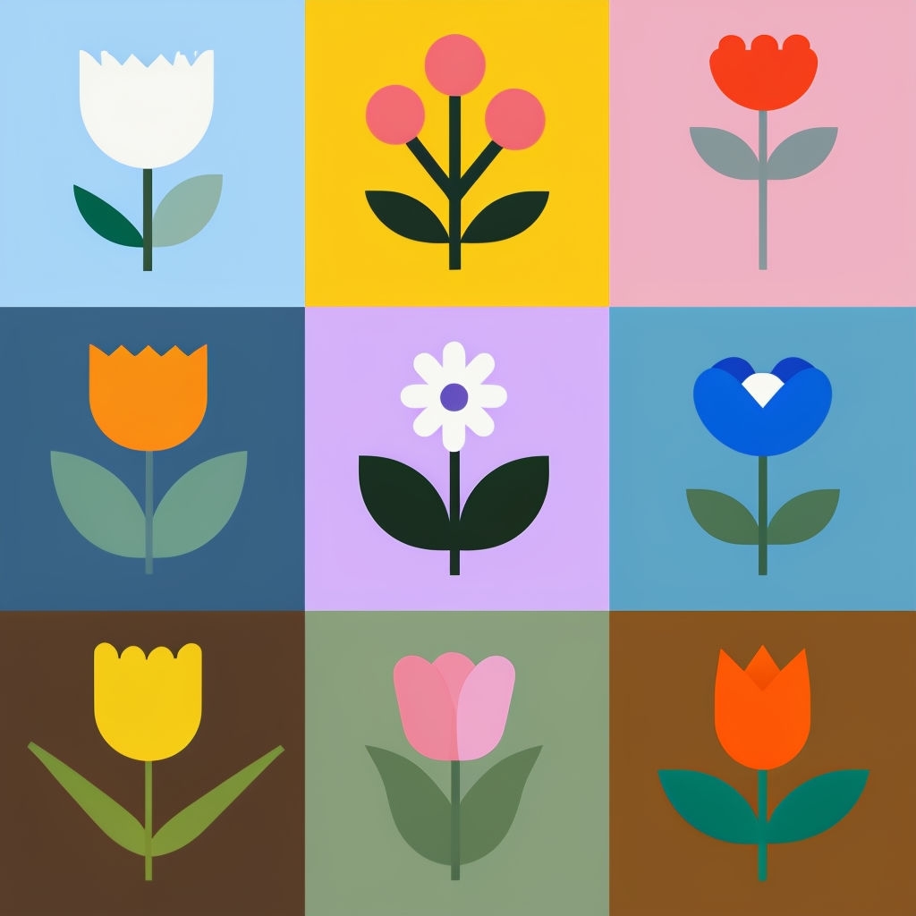 Vibrant Cartoon Flower Designs in Colorful Grid Pattern Seamless Pattern
