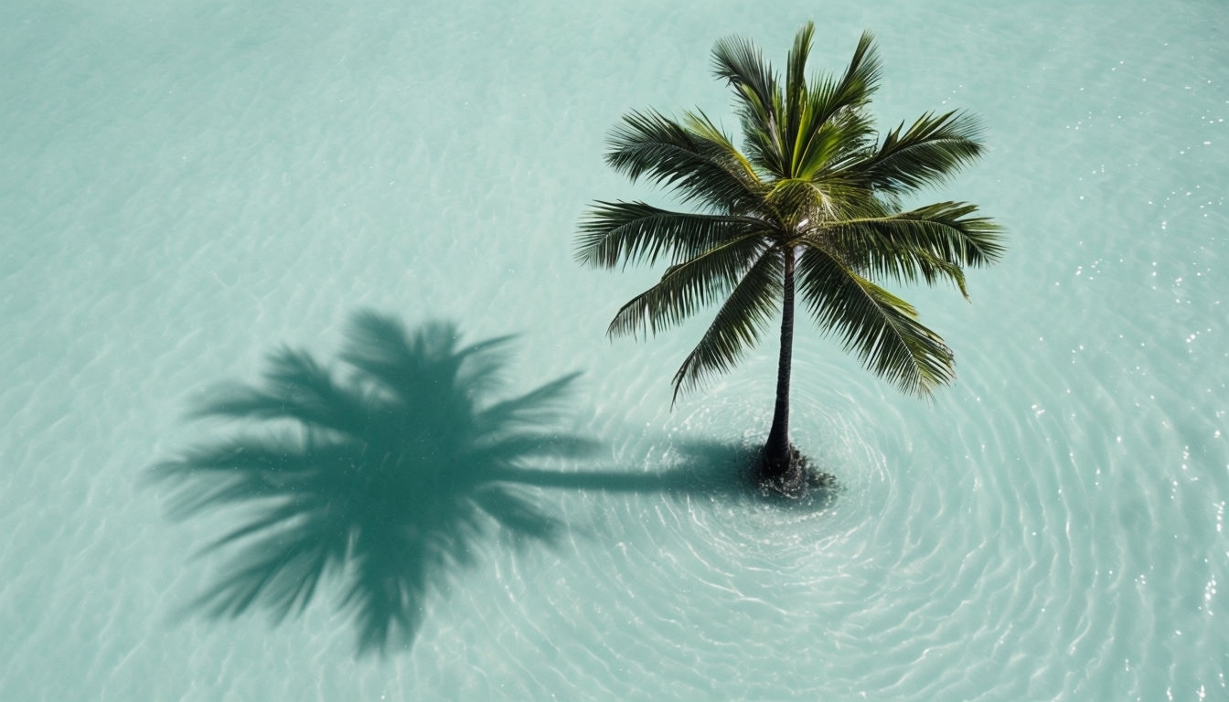 Serene Aerial Palm Tree in Turquoise Water Virtual Background
