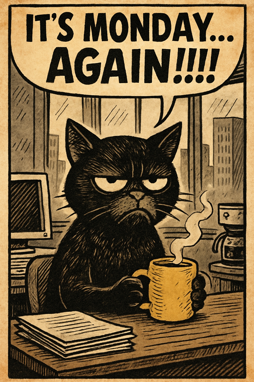 Frustrated Black Cat at Office Desk Vintage Comic Strip Poster