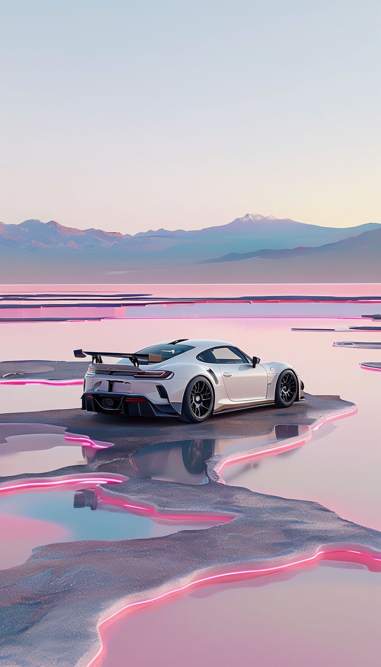 Sleek White Sports Car in a Surreal Pastel Landscape Wallpaper