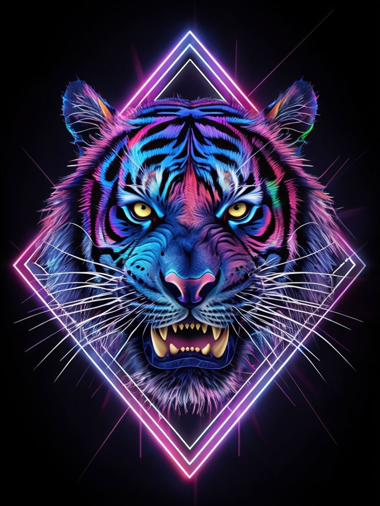 Vibrant Neon Tiger Head Digital Artwork with Striking Colors Art
