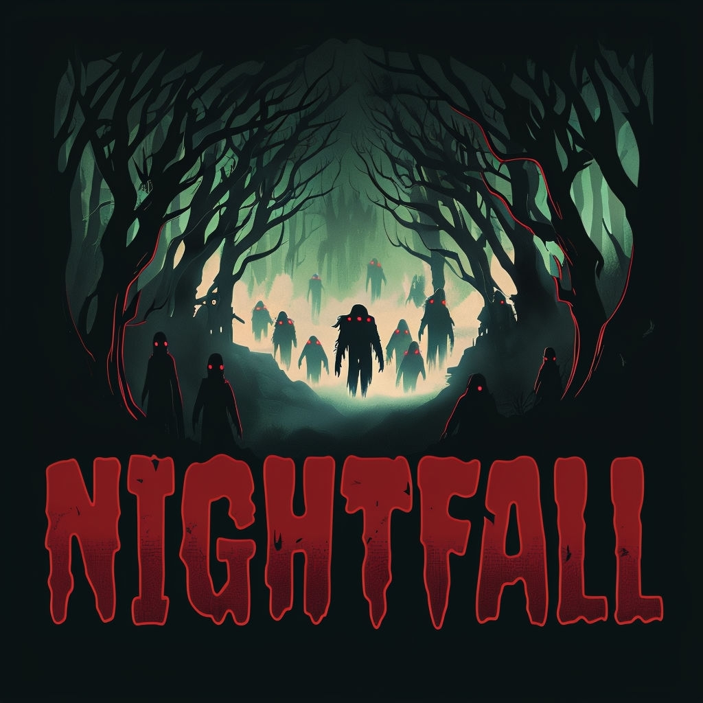 Eerie Nightfall Forest Illustration with Distressed Typography Spotify Album Cover