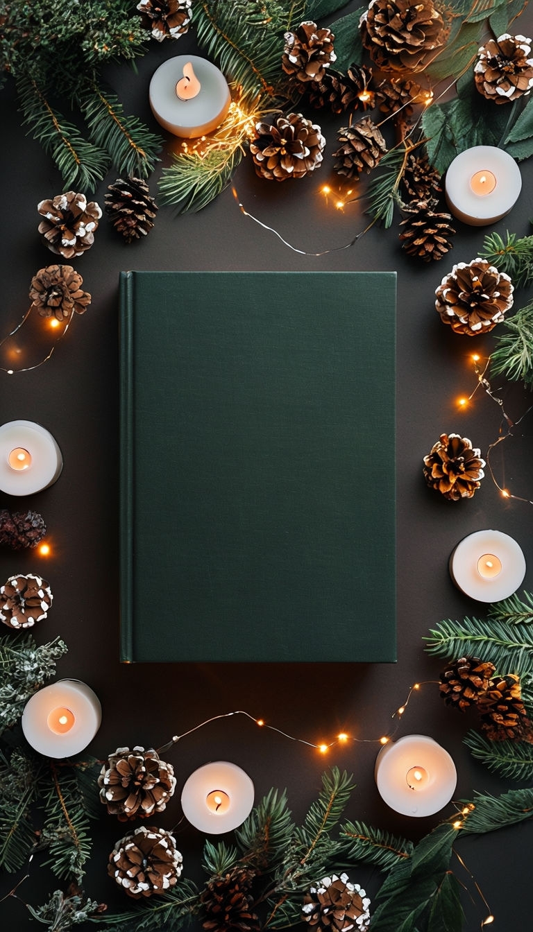 Festive Holiday Scene with Green Book and Candles Mockup