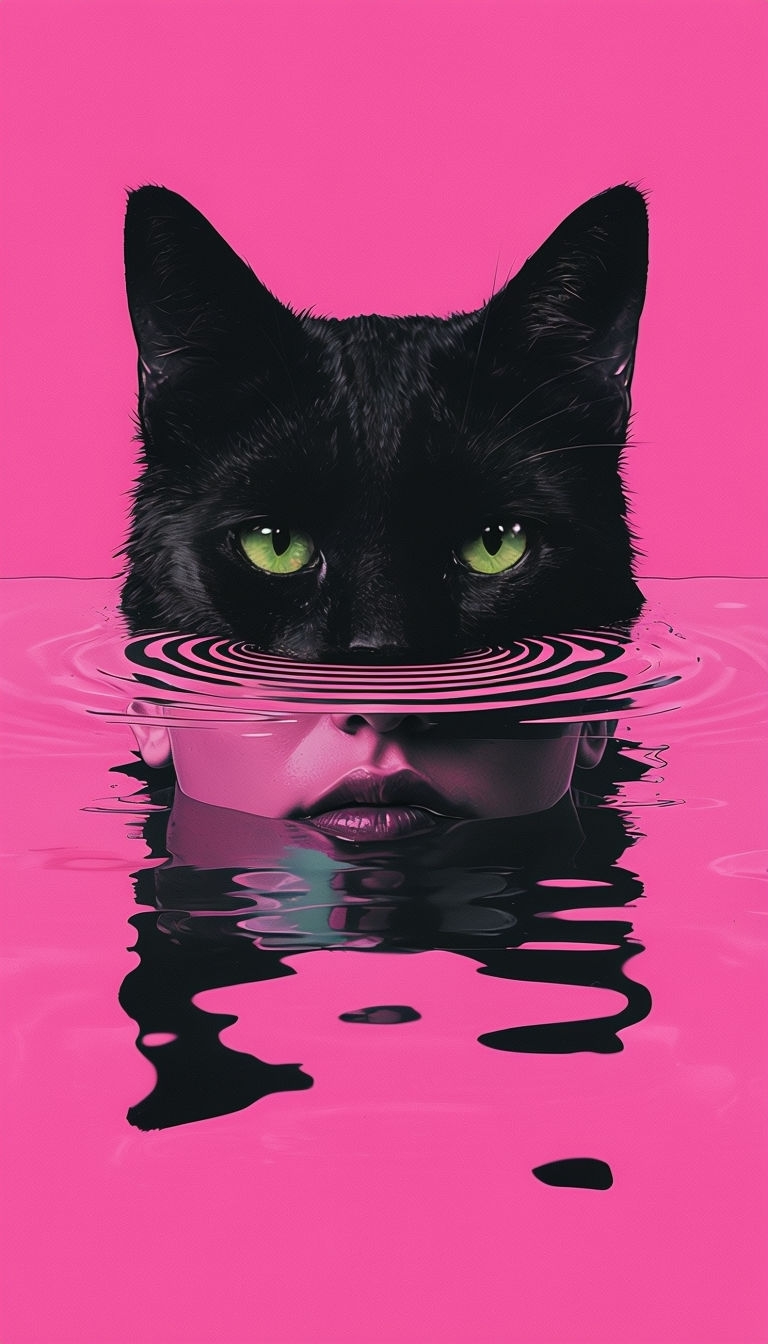 Surreal Merged Black Cat and Human Face Digital Artwork Mobile Wallpaper