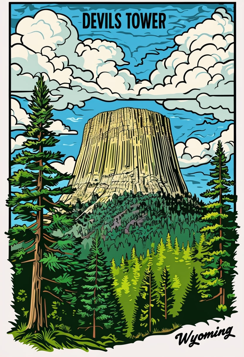 Vibrant Cartoon Devil's Tower National Park Illustration Poster